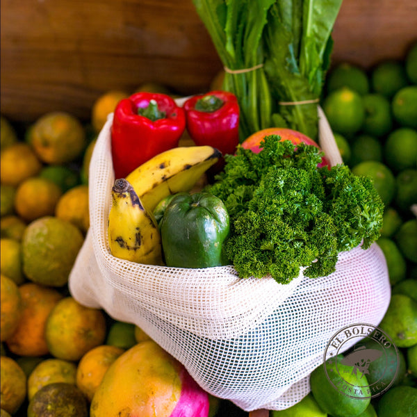 El Bolsero Bolsa con Cordón Color Natural de Malla de 100% Algodón  Fruteria con Verduras